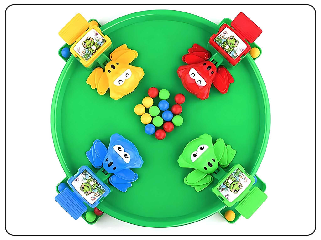 A fun and exciting indoor game for four players who compete to eat the most beans with their frog-shaped suction cups. The game consists of a board with 40 beans of different colors, four frog suction cups, and a spinner. The players take turns to spin the spinner and pick up the beans that match the color shown on the spinner. The player who collects the most beans wins the game. The game is suitable for kids and adults who enjoy toys, team play, and board games.