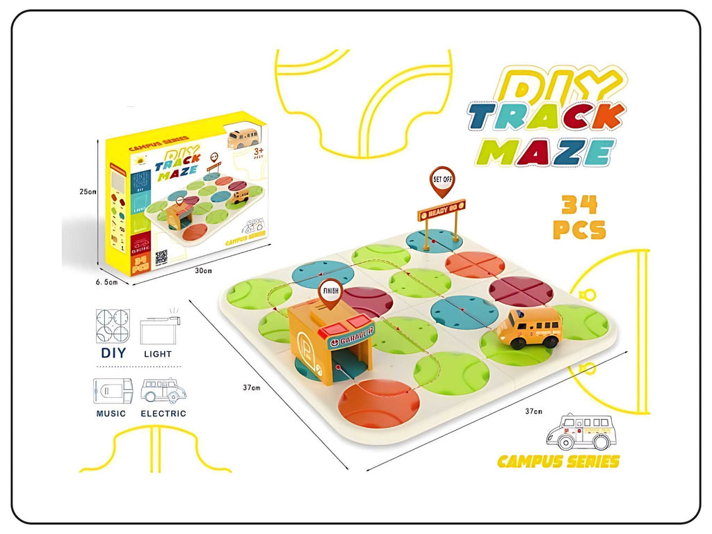 Buy Best Wooden Educational Toys Online for Kids & Toddlers in India - A 34-piece DIY Track Maze toy set that lets you build and explore different track configurations with a small toy truck. The toy set is designed to develop skills like DIY, light engineering, mission solving, and exploring. The toy set is displayed on an orange background with the name of the product and some icons. The toy set is sold by DODKart, an online toy store that offers a variety of educational toys for kids.