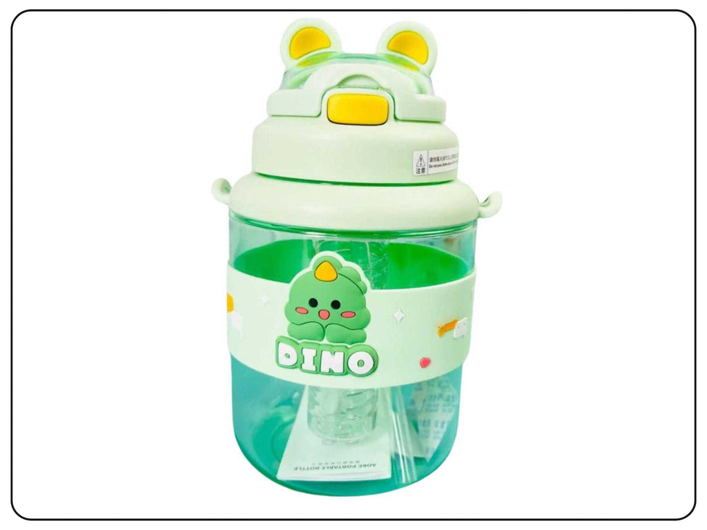 A green water bottle with a sipper and a strap, featuring a cute dinosaur design on the body. The bottle is made of BPA-free material and has a secure lock and a safety lock to prevent leakage. The bottle has a capacity of 1100 ml and is suitable for kids and adults.