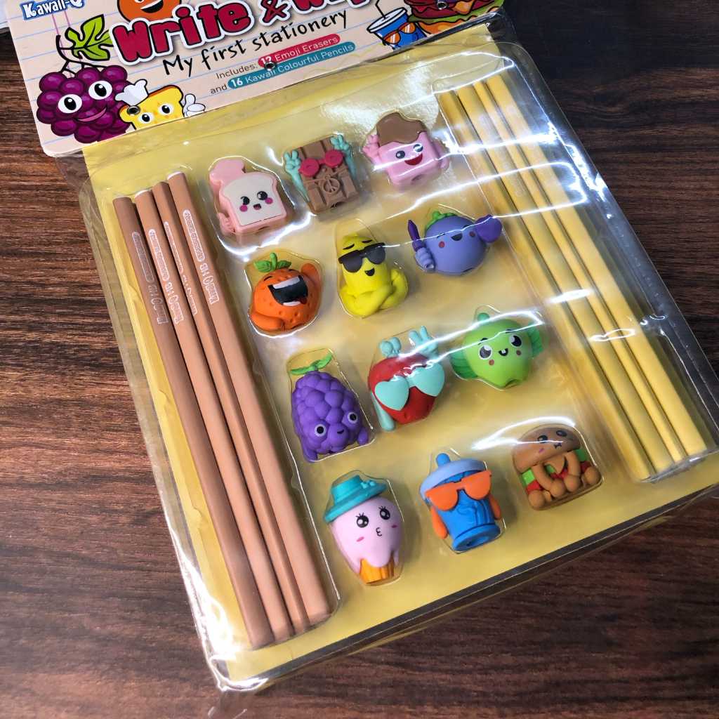 pencil set with fancy erasers and notebook